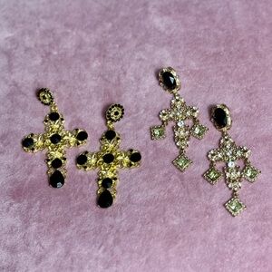 Lot of 2 Gold Rhinestone Cross Dangle Statement Earrings